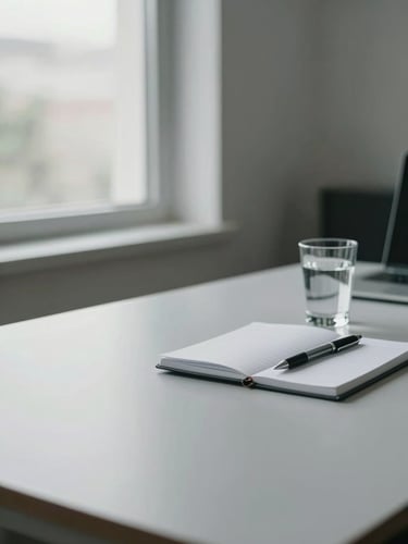 Wide environmental shot of a clean, organized office desk from the right side of the frame — a closed notebook, a pen resting at an angle, and a half-filled glass of water on a pale grey surface under soft natural daylight from a window to the left. Cool-neutral light, no shadows. Generous negative space on the left third of the frame.