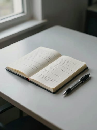 Wide-angle view of a clean desk surface from slight above, an open notebook with handwritten notes and a single pen resting beside it, soft natural window light from the left, cool-neutral tone, no people visible, structured and calm
