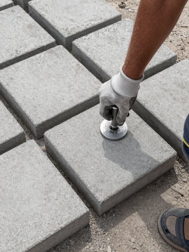 Close-up overhead shot of freshly laid concrete pavers being hand-tamped into a sand bed on a commercial site, aggregate texture sharp, a worker's gloved hands and knee pads visible at the lower edge, natural overcast light revealing true material colour