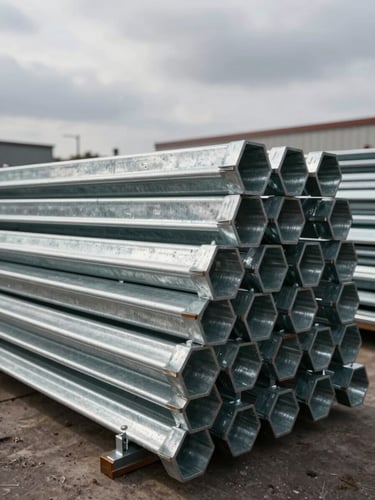 Wide environmental yard shot — stacked hot dip galvanized ringlock vertical standards and ledger components in an outdoor storage yard, overcast sky above, zinc coating catching diffuse daylight, component ends showing rosette disc profiles