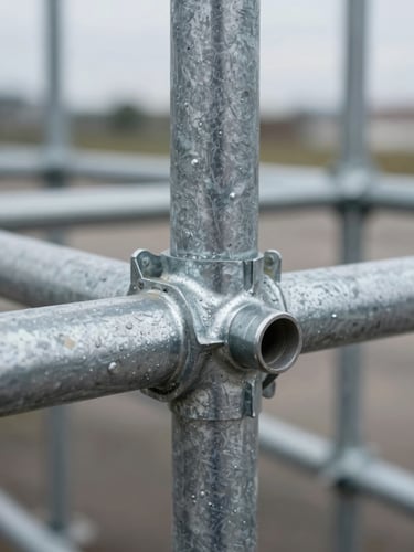 Extreme close-up of a freshly galvanized scaffolding frame joint, zinc coating texture visible on the steel surface, overcast daylight, shallow depth of field with the rosette connection sharp and the background steel blurring into cool gray