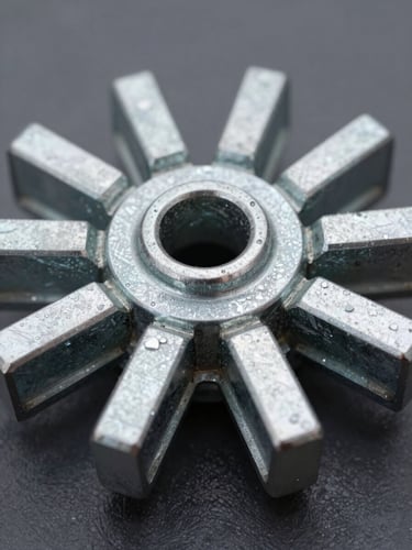 Extreme close-up of a hot dip galvanized ringlock rosette node, shot from inches away under flat overcast daylight — eight wedge-head ledger sockets radiating from the central disc, zinc crystalline surface texture fully visible, dark steel background receding out of focus