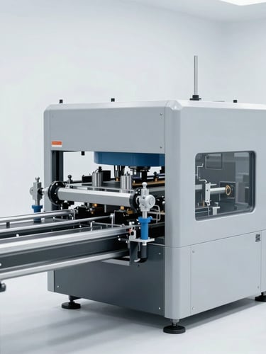 Wide shot of a modern, clean masterbatch production line with advanced machinery, bright neutral studio lighting, cool gray and technical blue tones