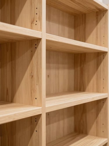 Close-up architectural shot of finished warm timber retail shelving, bright realistic indoor commercial lighting, sharp focus on wood grain and precise joinery, modern retail interior
