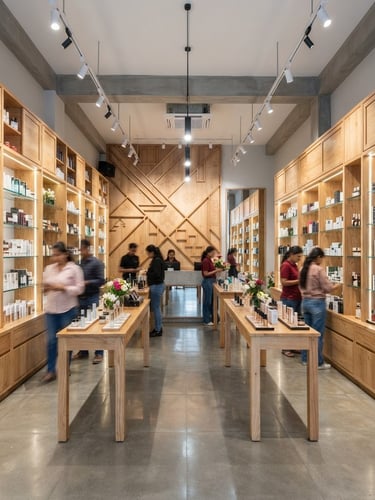 Straight-on architectural photography of a modern cosmetics shop in Kathmandu, custom timber shelving, bright clean indoor lighting, 24mm wide-angle