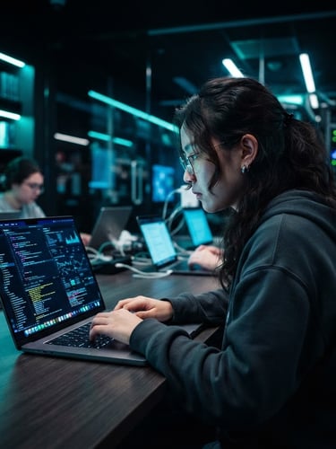 High-contrast tech photography of a student focused on a laptop showing modern interfaces, cool neon blue ambient lighting, sharp focus, modern editorial style, 35mm
