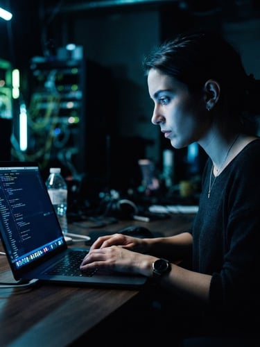 High-contrast studio portrait of a young professional focused on a laptop screen, cool neon blue ambient backlight, dramatic shadows, modern editorial style, 35mm