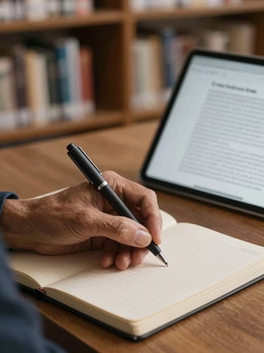 Close-up of a mature Brazilian professional's hands writing in a notebook, tablet displaying research paper nearby, soft natural daylight, quiet library environment