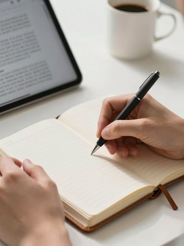 Close-up of hands writing in a leather notebook next to a tablet displaying a research paper, natural morning light, clean study desk.