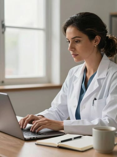A focused Brazilian female researcher in her late 30s working in a bright, modern home office, typing on a laptop with a clean notebook and ceramic mug nearby, soft natural daylight coming from a side window, professional and academic atmosphere.