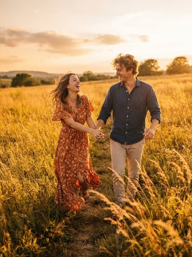 Warm cinematic outdoor portrait of a laughing couple walking hand-in-hand through a sun-drenched golden field, low-angle shot, 35mm film look