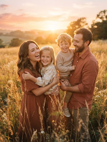 A warm environmental portrait of a family laughing together in a golden-hour field, backlight creating a soft lens flare, rich terracotta tones, cinematic 35mm film look