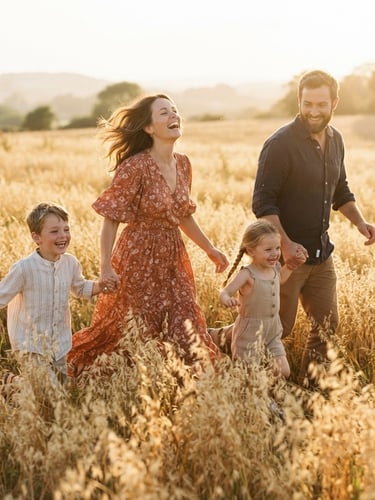 A young family running through a sun-drenched wild oat field, backlit golden hour, warm lens flare, candid laughter, cinematic 35mm look.