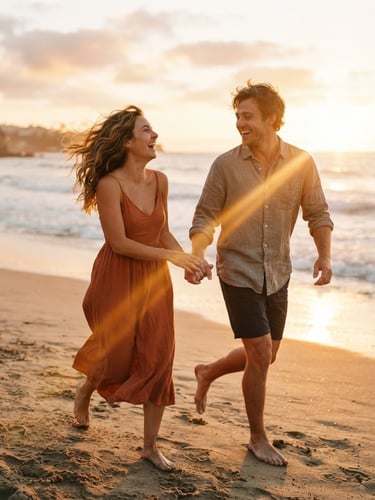 A couple laughing mid-stride on a golden-hour beach, wind-blown hair, warm lens flare, rich terracotta tones, cinematic 35mm film look
