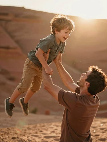 A young boy laughing while being tossed in the air by his father, sun-drenched backlight, warm lens flare, authentic emotion.