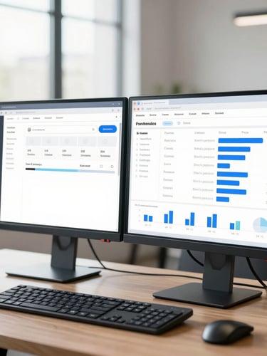 Active modern workspace with dual monitors showing a live CRM dashboard and sales funnel metrics, bright natural daylight, clean composition.