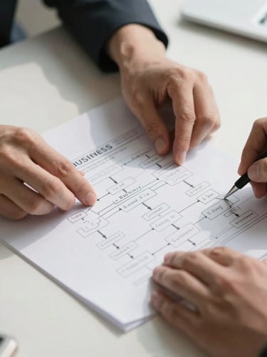 Close-up of hands organizing physical business flowcharts and documents on a clean white desk, bright natural daylight, high contrast.