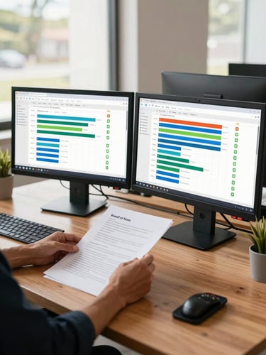 Bright daylight environmental shot of an active workspace in Brazil, dual monitors showing a modern CRM dashboard with sales pipelines, hands organizing documents on a clean wooden desk, natural light.