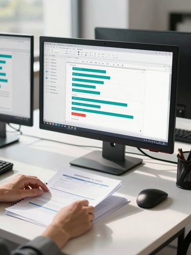 Bright daylight office workspace, a clean desk with dual monitors displaying a structured CRM dashboard and automated pipeline, hands organizing documents on the side, natural high contrast.