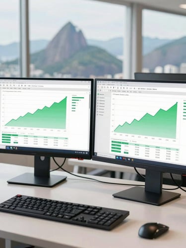 Active modern workspace in Rio de Janeiro, dual monitors showing CRM sales dashboard with green growth charts, bright natural daylight, clean desk, professional environment.