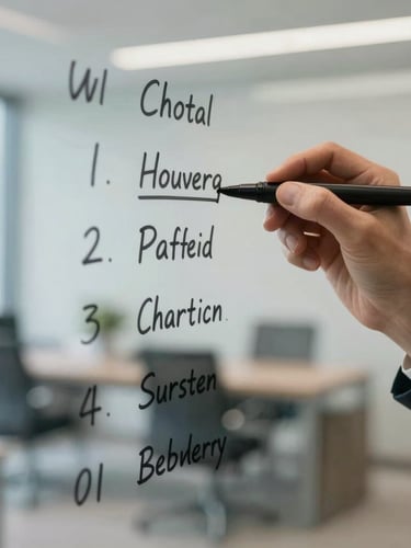 Close-up of hands writing a structured workflow on a glass board, daylight, sharp focus on the marker lines, clean modern office environment.