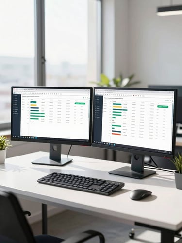 Bright modern office workspace with dual monitors showing sales CRM dashboards, high contrast natural daylight, clean desk setup.