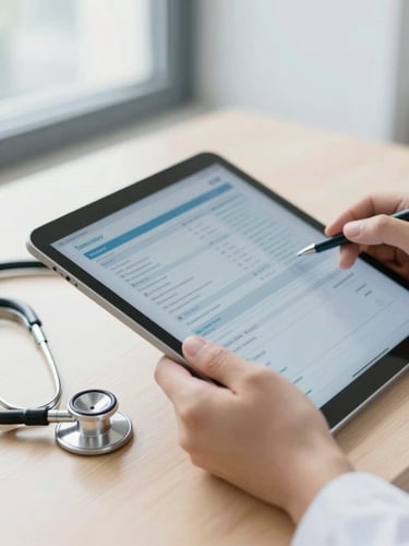 Close-up of clinical documentation on a modern desk with a stethoscope, bright natural daylight, soft focus on hands holding a tablet showing medical data.