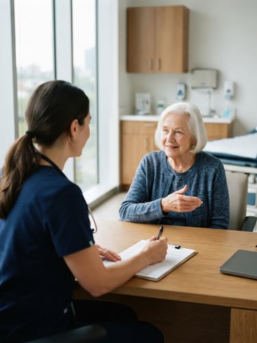 Over-the-shoulder view of a physician in a bright, modern clinic consulting with a patient, natural daylight filtering through large windows, soft clinical blue tones