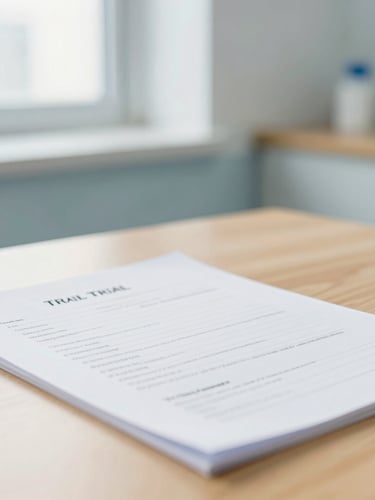A close-up of clinical trial documentation on a clean wooden desk, bright natural sunlight filtering through clinic windows, shallow depth of field
