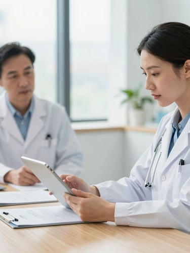 Medium shot of a clinical research coordinator in a bright medical office organizing trial documents on a tablet, a physician consulting a patient in the soft-focus background. Clean daylight.