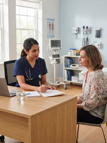 A bright, clean medical office consultation room with natural daylight filtering through large windows, soft clinical blue tones, professional medical equipment visible in the background, shallow depth of field.