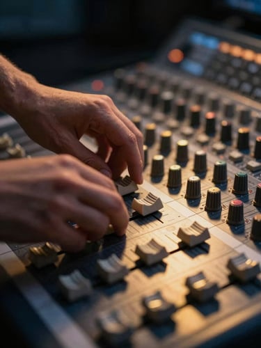 Close-up of hands adjusting a professional mixing console, warm golden studio light reflecting on faders, shallow depth of field, professional 35mm