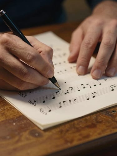Close-up of hands writing musical notes on a sheet of paper, warm studio lighting, vintage wooden desk, shallow depth of field, professional 35mm