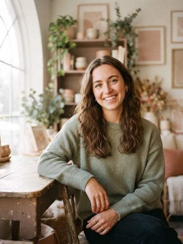 A warm portrait of Amy smiling in a sunlit boutique studio, soft natural window light, muted blush and sage tones, shallow depth of field, 35mm photography