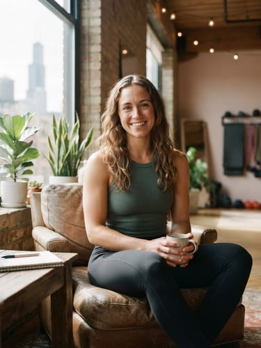 Warm natural portrait of Amy, a female fitness coach, sitting in a sunlit Chicago loft studio, soft window light, shallow depth of field, 35mm