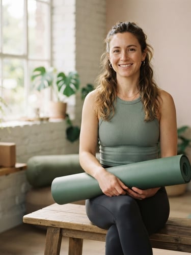 A warm natural portrait of Amy, a female fitness coach with a calm smile, sitting on a wooden bench in a sunlit boutique studio, holding a rolled-up yoga mat, soft natural window light, muted blush tones, shallow depth of field, 35mm