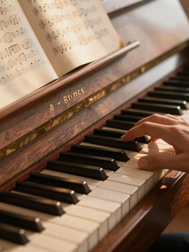 Close-up of hands gently pressing tactile keys on a polished mahogany upright piano, warm golden hour sunlight casting soft amber shadows across vintage sheet music.
