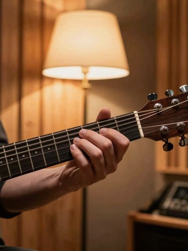 Intimate close-up of a musician's hand adjusting a guitar fret under warm amber lamp light inside a wood-paneled studio.