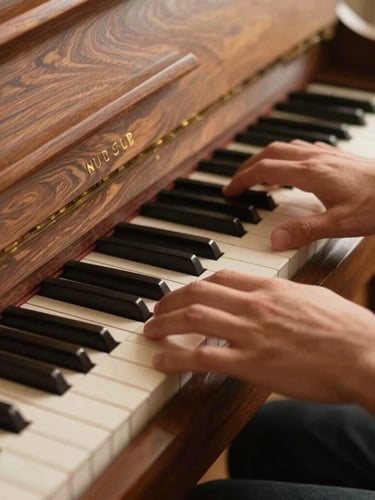 Close-up of hands playing a polished walnut upright piano, warm golden afternoon light catching the wood grain, intimate editorial framing.