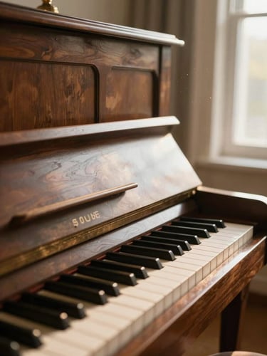 Intimate close-up of a vintage upright piano in Room 225, warm golden sunlight streaming through a large window, soft dust motes, wood grain texture visible, cozy editorial style.