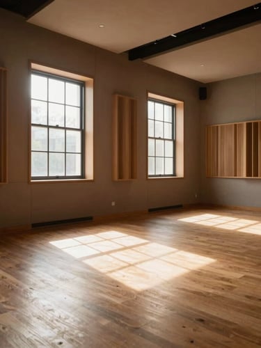 Wide environmental shot of the empty music studio interior, warm wood-toned walls, sunlight streaming through historic windows.