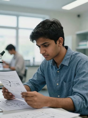 Candid, focused portrait of an Indian student analyzing technical schematics in a bright, modern German engineering laboratory under cool daylight.