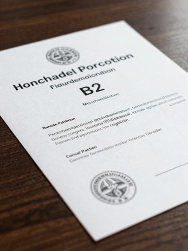 Close-up of a clean, official German language certificate on a dark wooden desk, crisp daylight, focusing on the embossed seal and B2 level text.