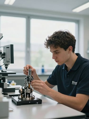 A focused young professional in a clean, modern German engineering lab, examining a mechanical component under bright, natural daylight, architectural framing