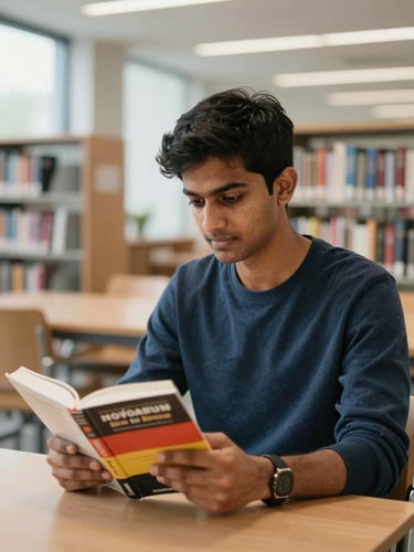 Candid portrait of an Indian student focused on German textbooks in a modern, sunlit library in Cologne, clean neutral daylight, professional setting.