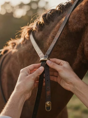 Close-up of hands gently holding leather reins on a horse's neck, warm golden-hour sunlight, soft depth of field, earthy forest tones.