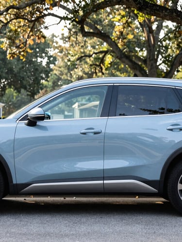 A clean modern SUV parked on a quiet residential street in Birmingham, Alabama, soft morning sun filtering through oak trees, professional editorial style.