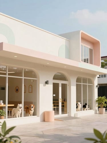 Wide shot of Pawcation pet hotel exterior, modern and aesthetic building with pastel accents, bright natural daylight, clean architectural lines, Surabaya, 35mm