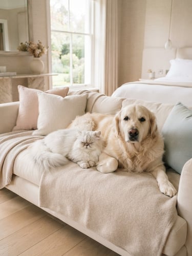 Anjing golden retriever dan kucing persia berbulu panjang santai di suite hotel mewah bernuansa pastel terang, dengan pencahayaan alami yang cerah, estetis, dan bersih. Fokus pada ekspresi tenang dan nyaman hewan.