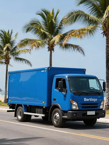 Wide cinematic shot of a clean blue utility service truck driving along a sunny coastal road in Bertioga, palm trees in the background, clear bright daylight.